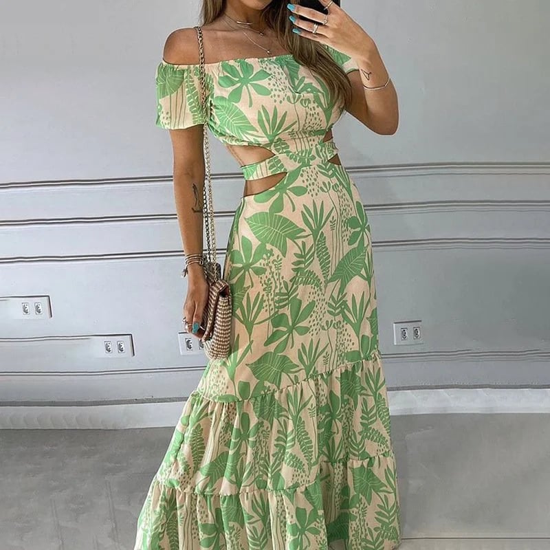 e??￥Big sale - Off-the-shoulder Printed Cutout Lace-up Dress