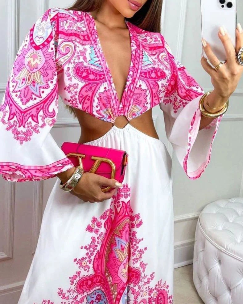 e??￥Big sale - Bohemian deep V-neck sexy backless print long dress