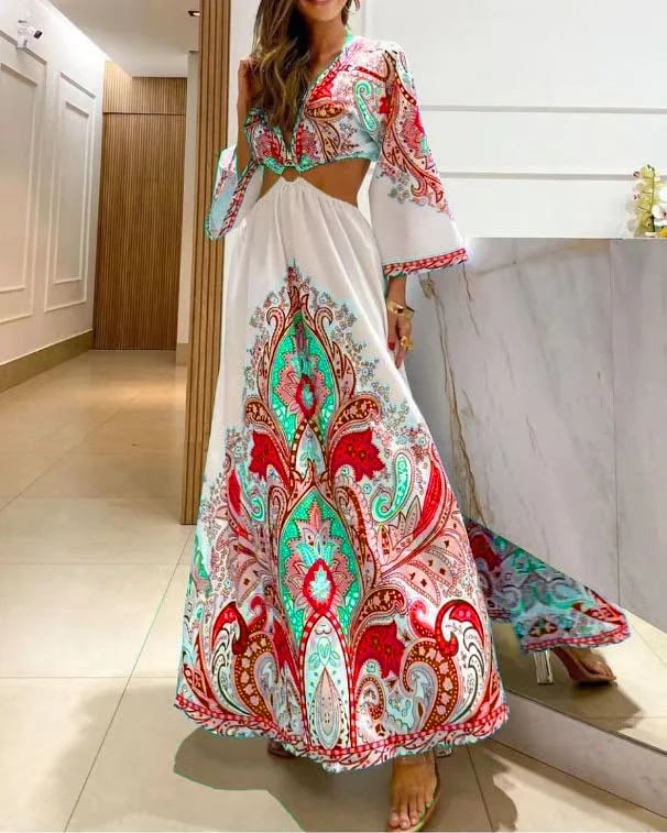 e??￥Big sale - Bohemian deep V-neck sexy backless print long dress