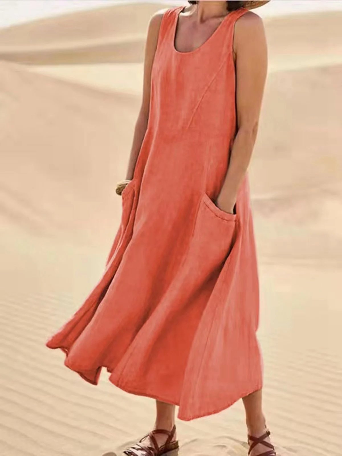 Casual Solid Dress Sleeveless Sun Dresses with Pocket