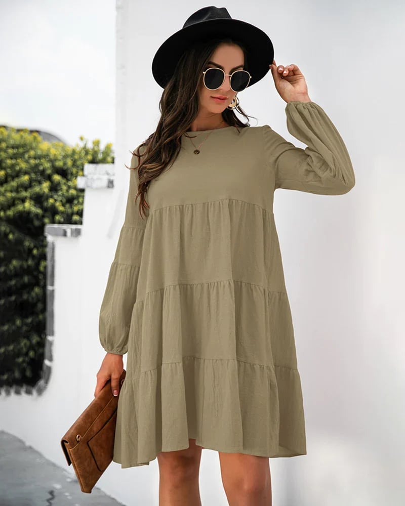 Long Puff Sleeve Shirt Dress Casual Crewneck Loose Fit Sundress Trendy Tiered Layer Summer Mini Dresses