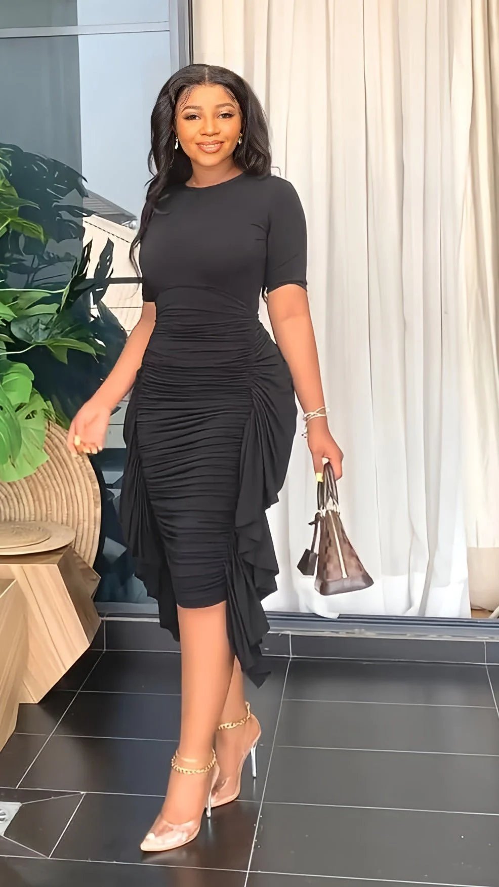 e??￥49%OFF e???Round Neck Short Sleeve Irregular Ruffle Midi Dresses