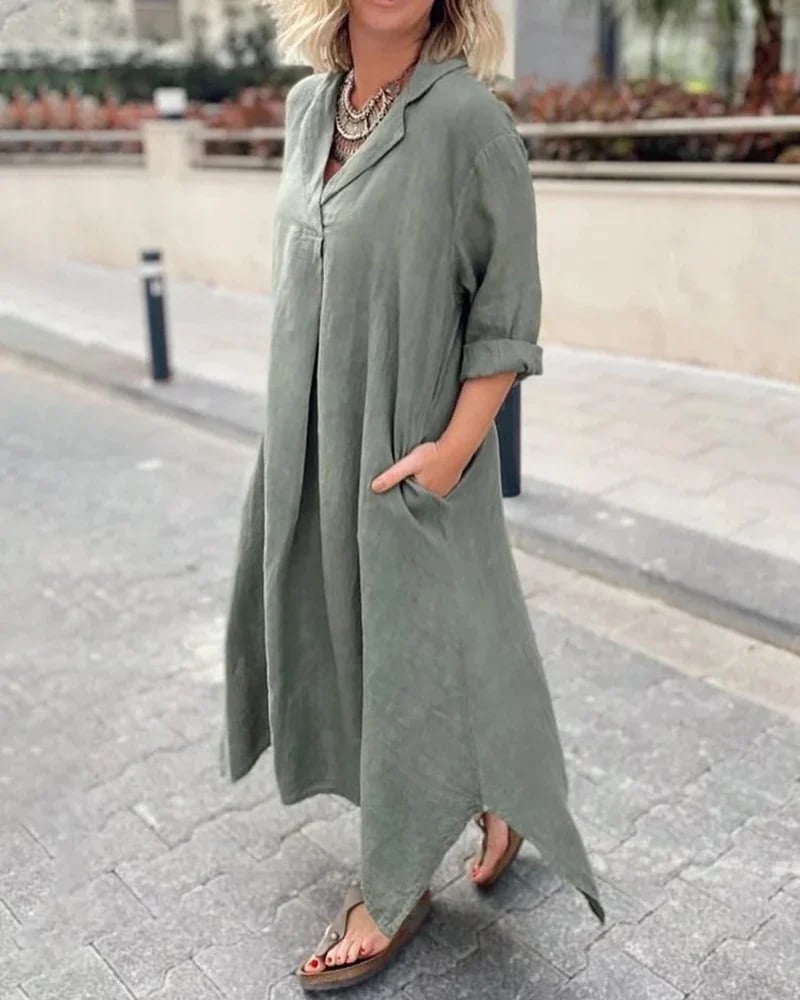 Long Sleeve Solid Color Plus Size Loose Fit Maxi Dress Round Neck Button Up Dresses with Pocket