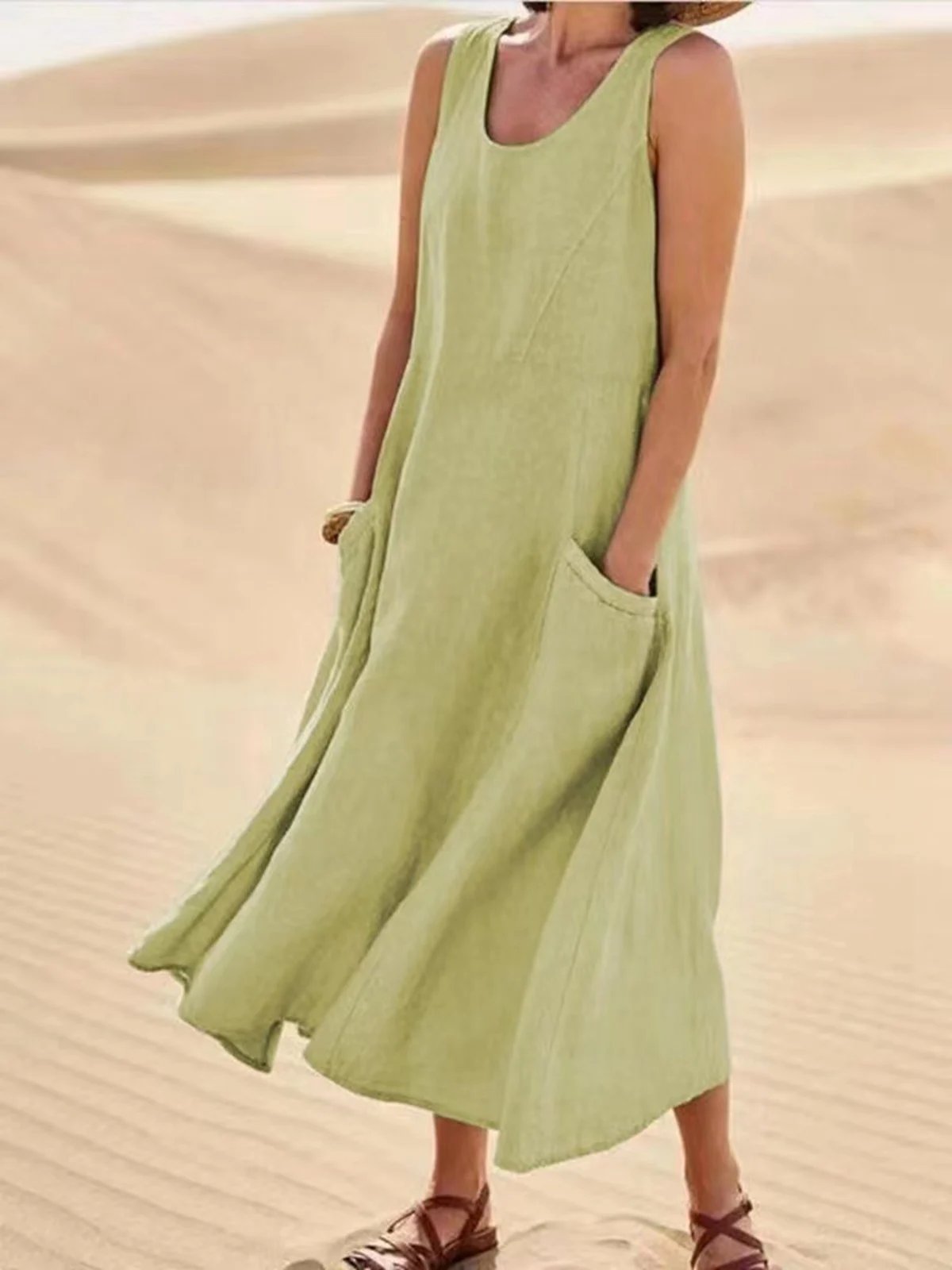 Casual Solid Dress Sleeveless Sun Dresses with Pocket
