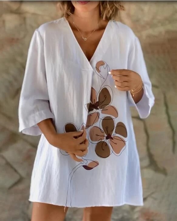 V-Neck Baggy Midi Dress Tshirt Top Long -Sleeve A Line Swing Dress