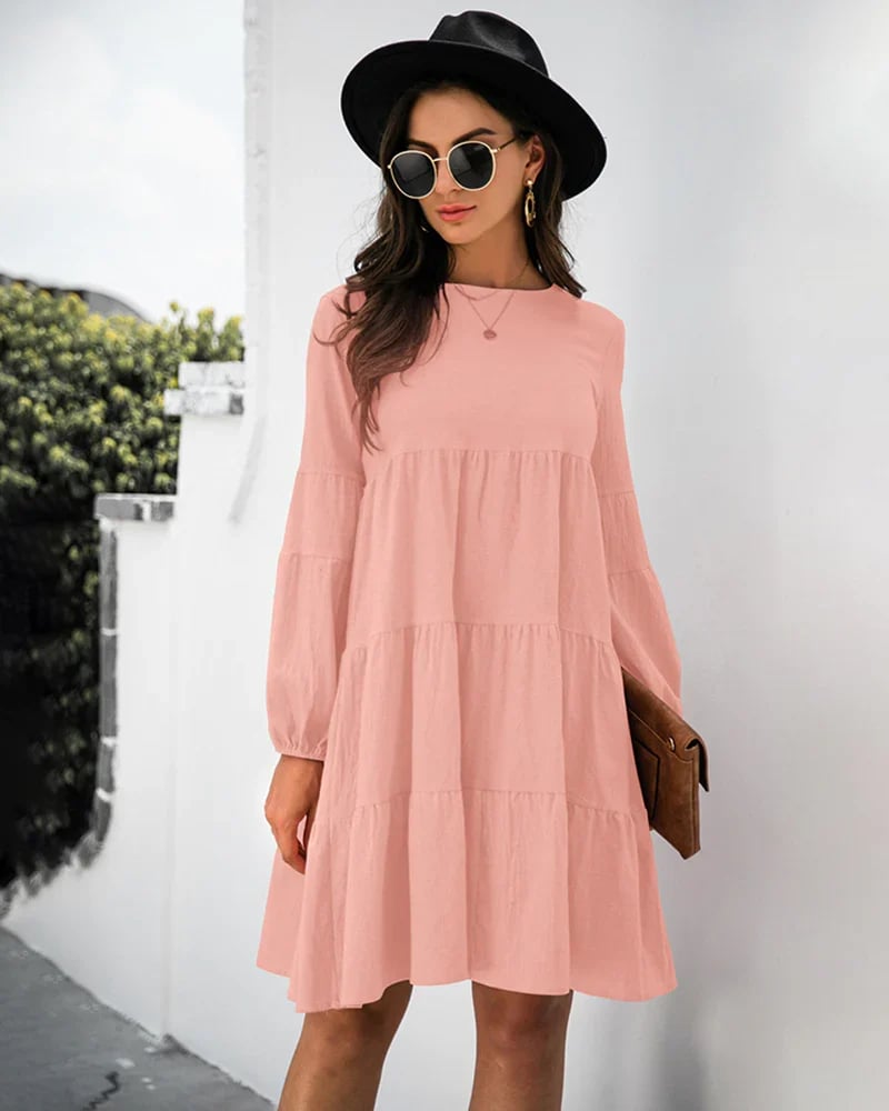 Long Puff Sleeve Shirt Dress Casual Crewneck Loose Fit Sundress Trendy Tiered Layer Summer Mini Dresses