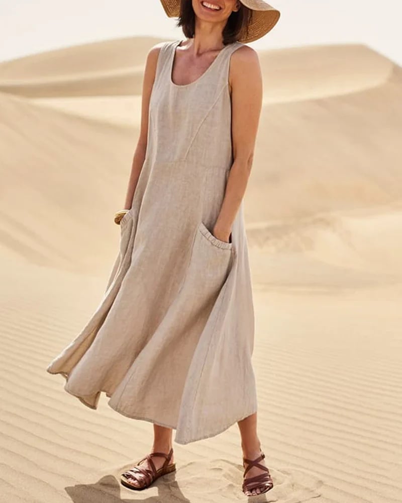 Casual Solid Dress Sleeveless Sun Dresses with Pocket