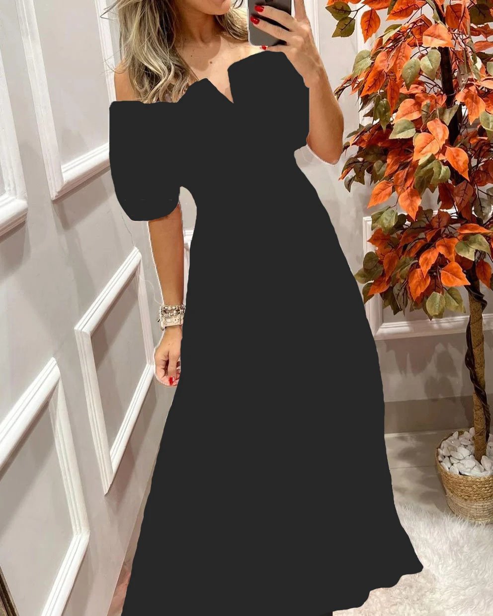 Floral Printing Elastic Waist-Length Sleeve Dress