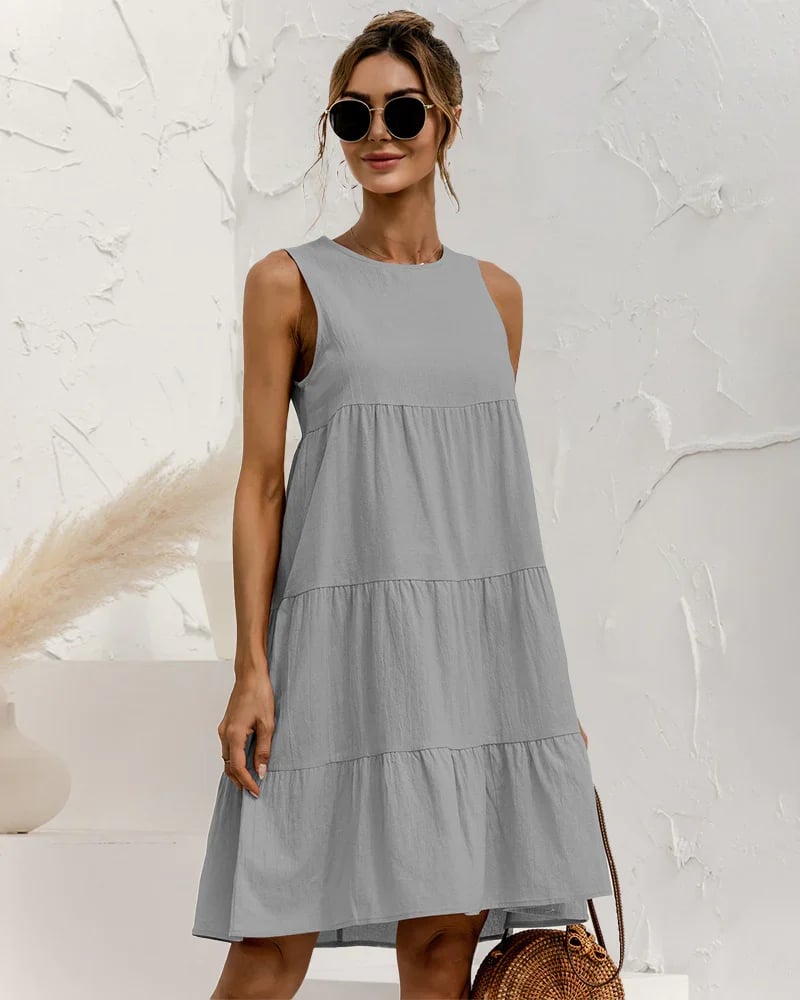 Solid Sleeveless Ruffle Sundress Round Neck A Line Pleated Mini Short T Shirt Dress