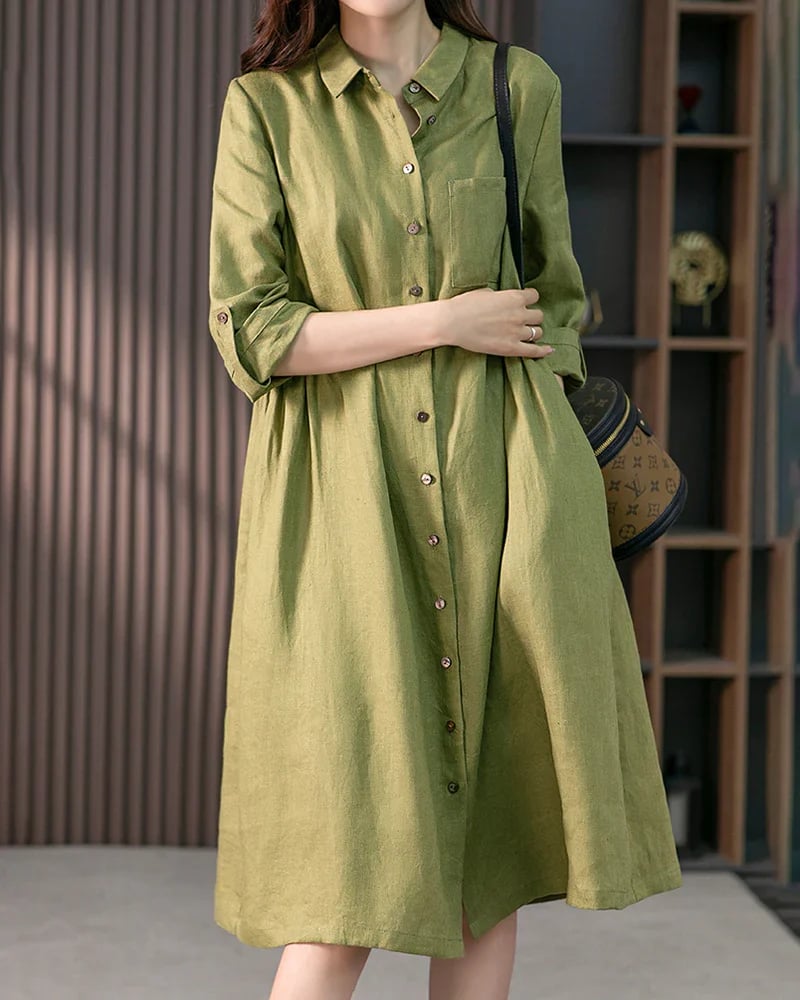 Loose Solid Color Cotton and Linen Three-quarter Sleeve Dress Mid-length Shirt Dress
