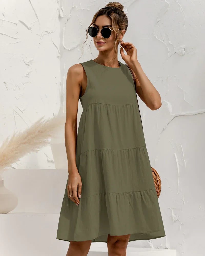 Solid Sleeveless Ruffle Sundress Round Neck A Line Pleated Mini Short T Shirt Dress