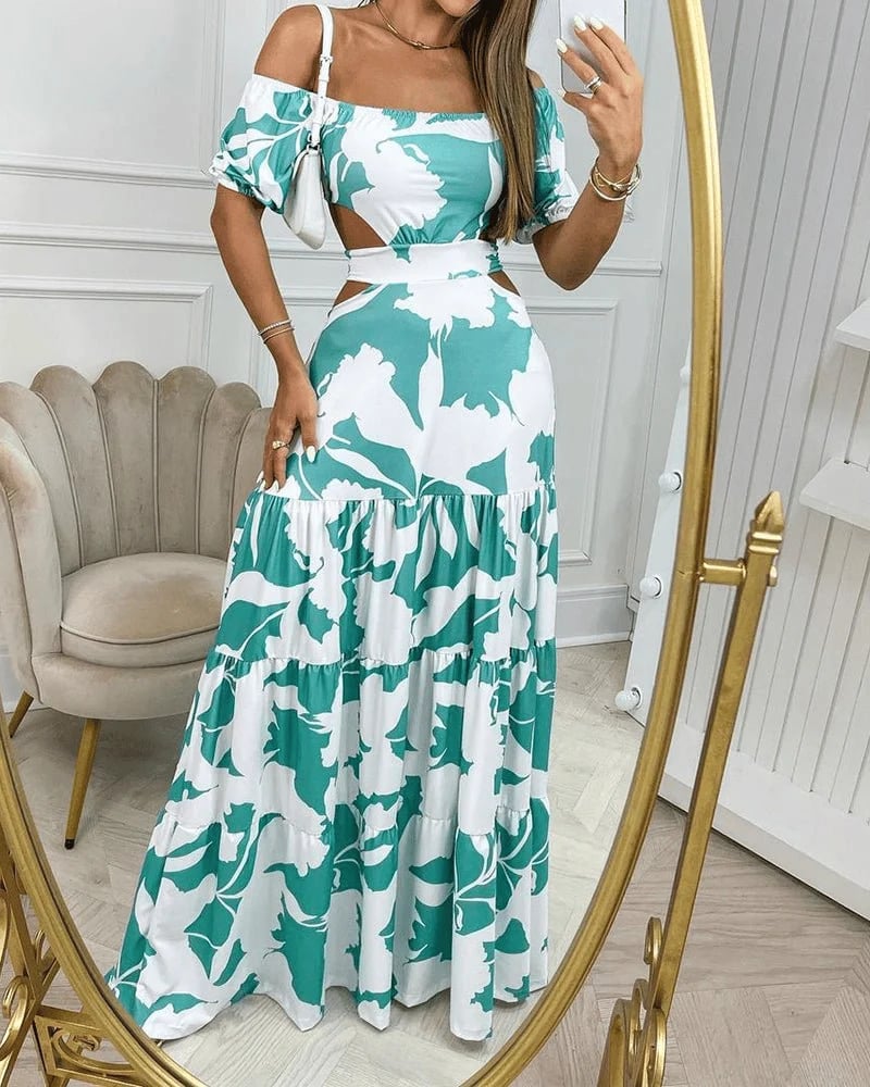 e??￥Big sale - Off-the-shoulder Printed Cutout Lace-up Dress