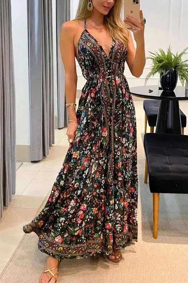 Casual V-neck Open Back Printed Dress