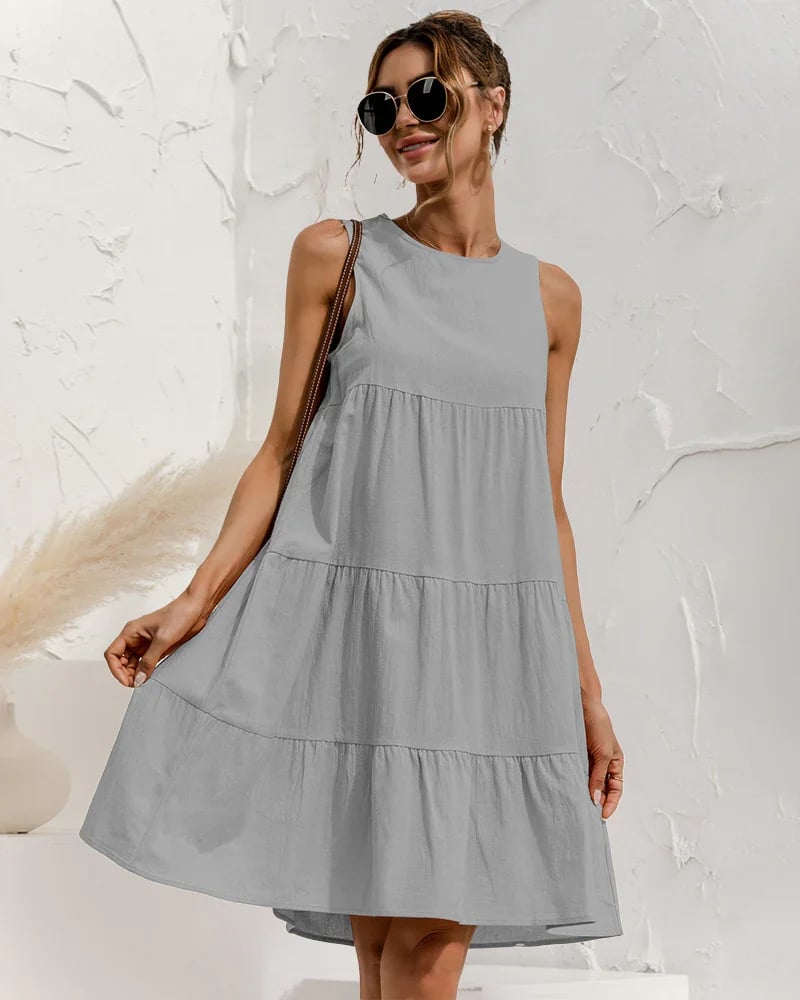 Solid Sleeveless Ruffle Sundress Round Neck A Line Pleated Mini Short T Shirt Dress