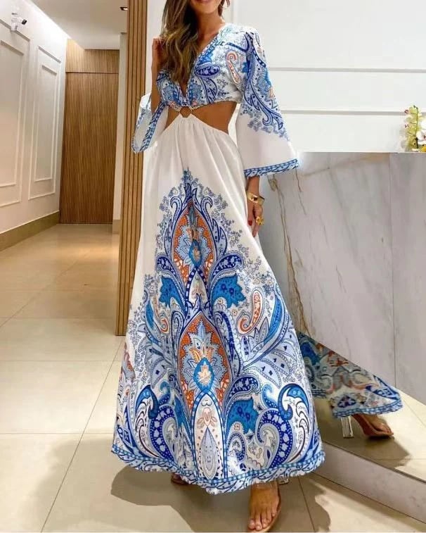 e??￥Big sale - Bohemian deep V-neck sexy backless print long dress
