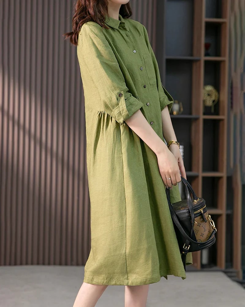 Loose Solid Color Cotton and Linen Three-quarter Sleeve Dress Mid-length Shirt Dress