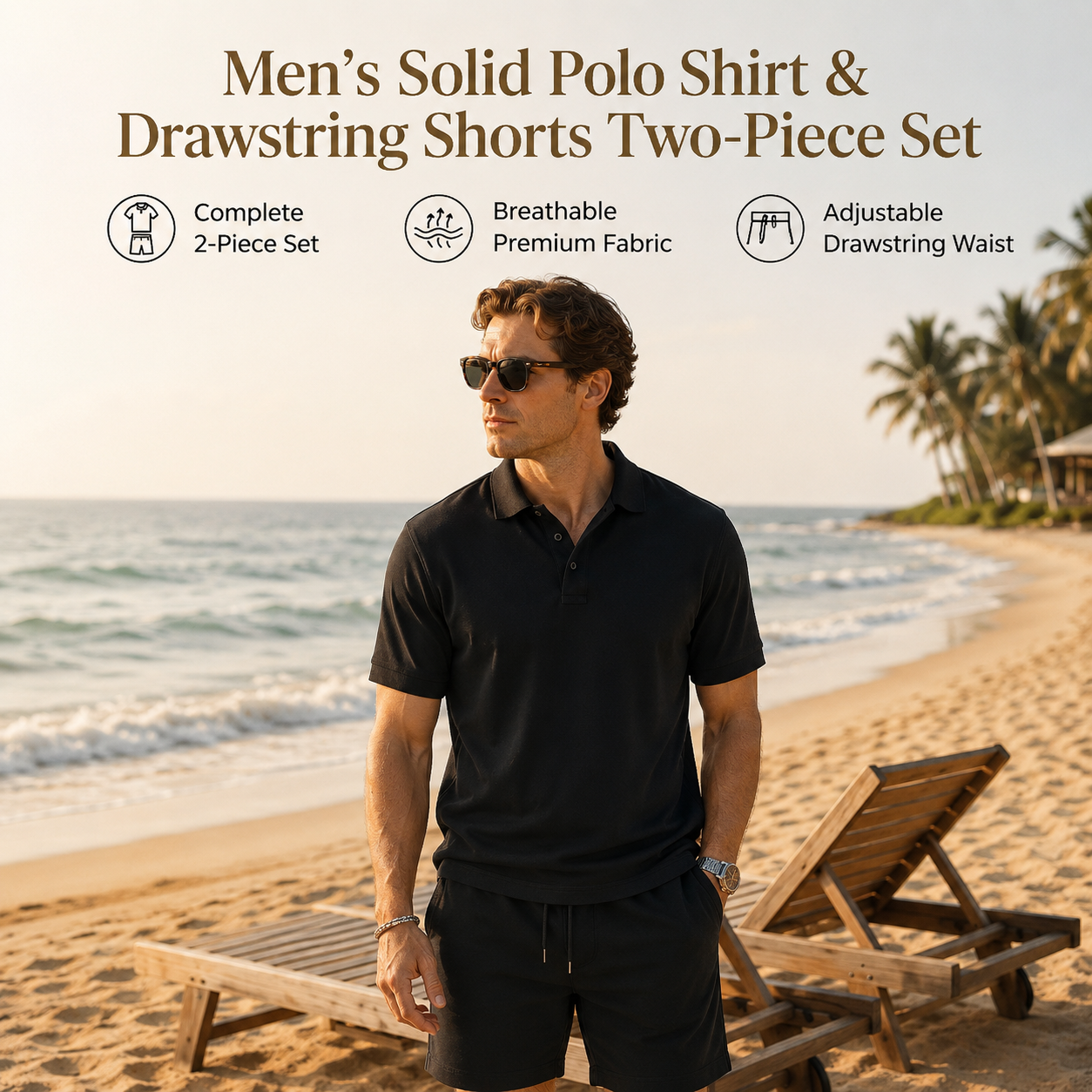 Men's Solid Polo Shirt & Drawstring Shorts Two-Piece Set