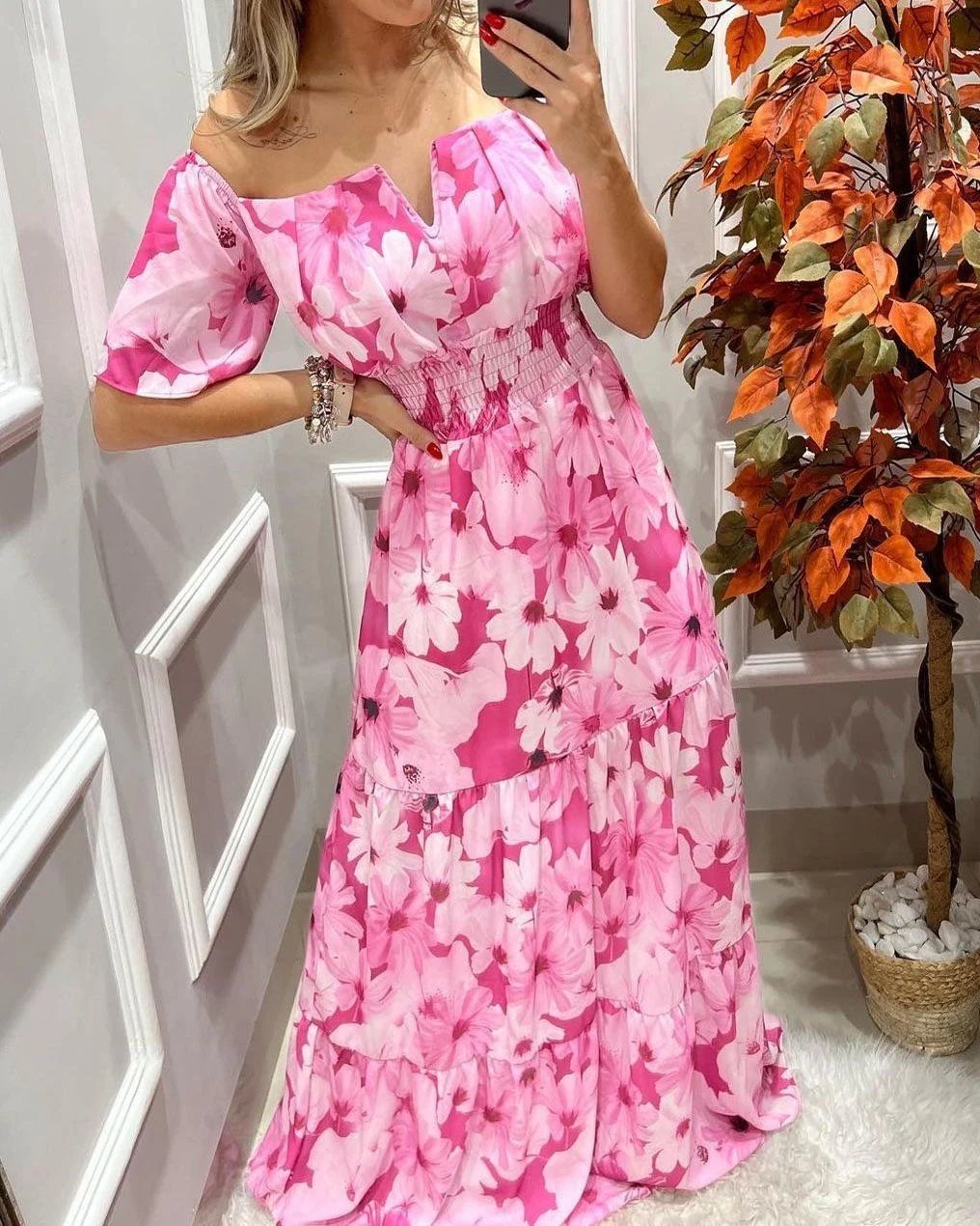 Floral Printing Elastic Waist-Length Sleeve Dress