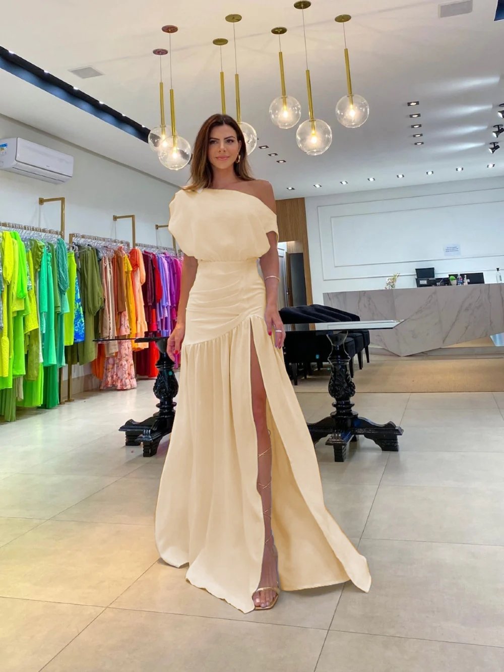Slant shoulder waist slit dress