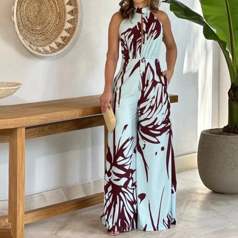 Hawaiian print lace sleeveless open-neck dress