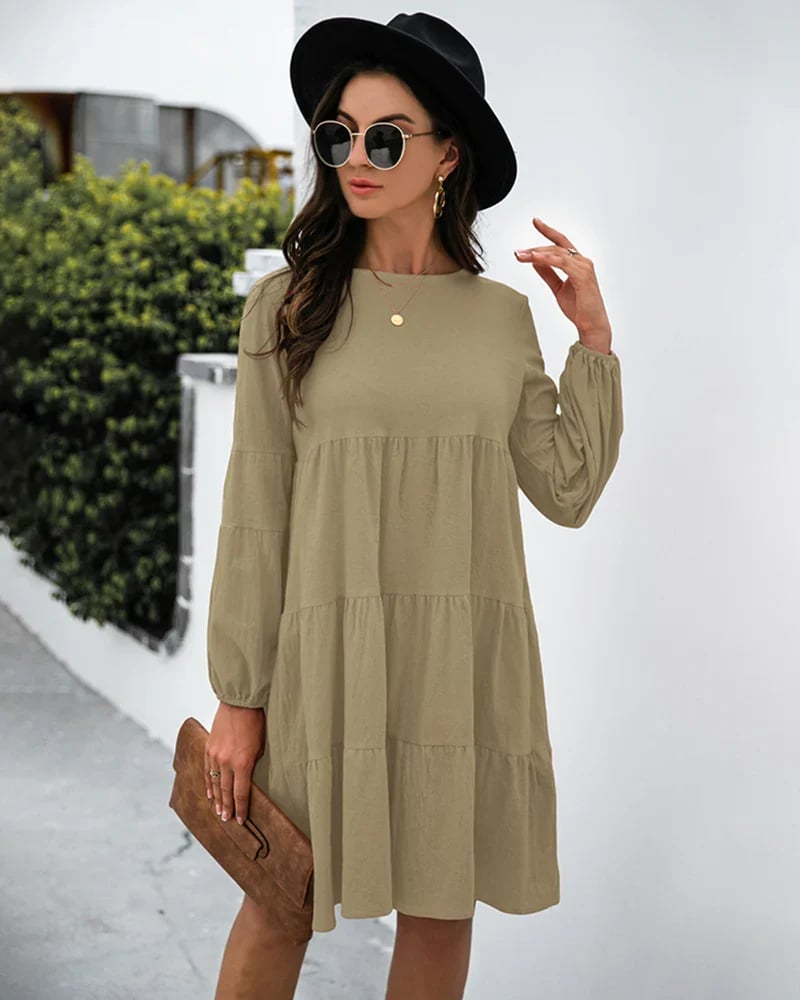 Long Puff Sleeve Shirt Dress Casual Crewneck Loose Fit Sundress Trendy Tiered Layer Summer Mini Dresses