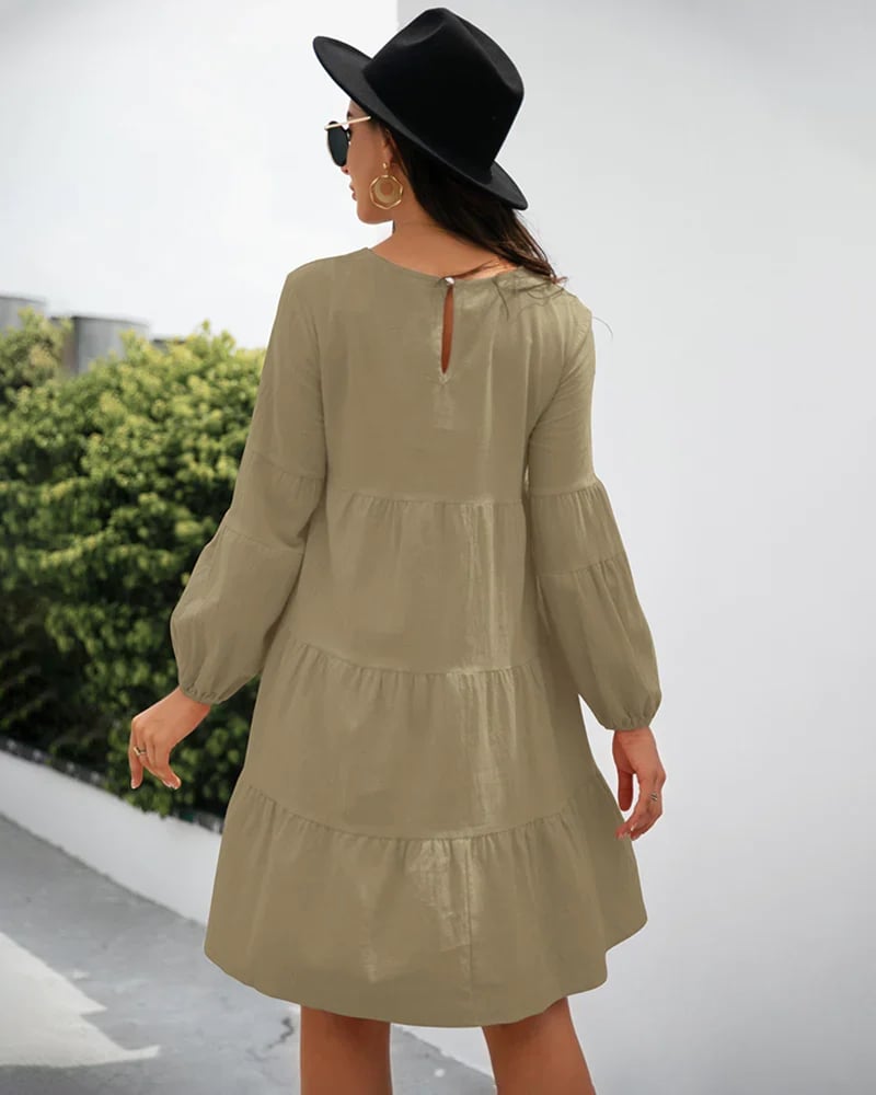 Long Puff Sleeve Shirt Dress Casual Crewneck Loose Fit Sundress Trendy Tiered Layer Summer Mini Dresses