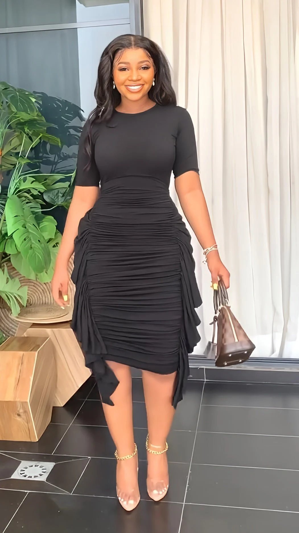 e??￥49%OFF e???Round Neck Short Sleeve Irregular Ruffle Midi Dresses