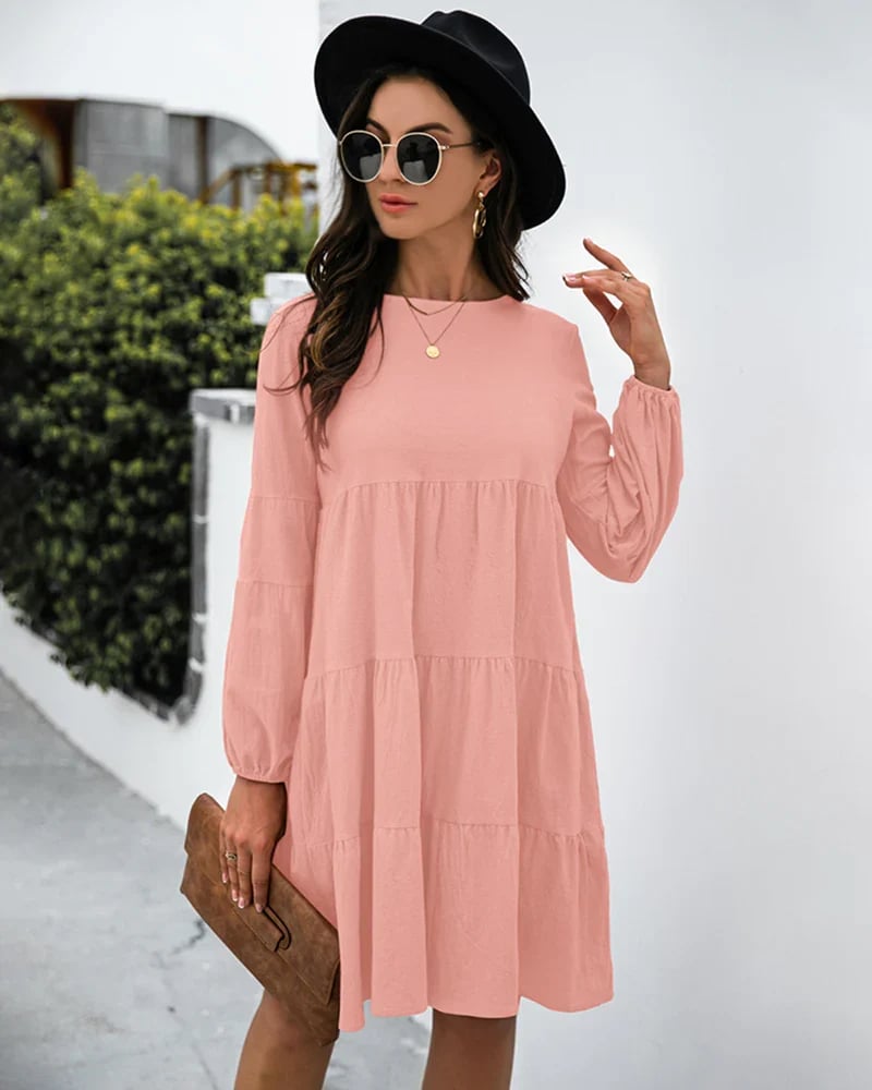 Long Puff Sleeve Shirt Dress Casual Crewneck Loose Fit Sundress Trendy Tiered Layer Summer Mini Dresses