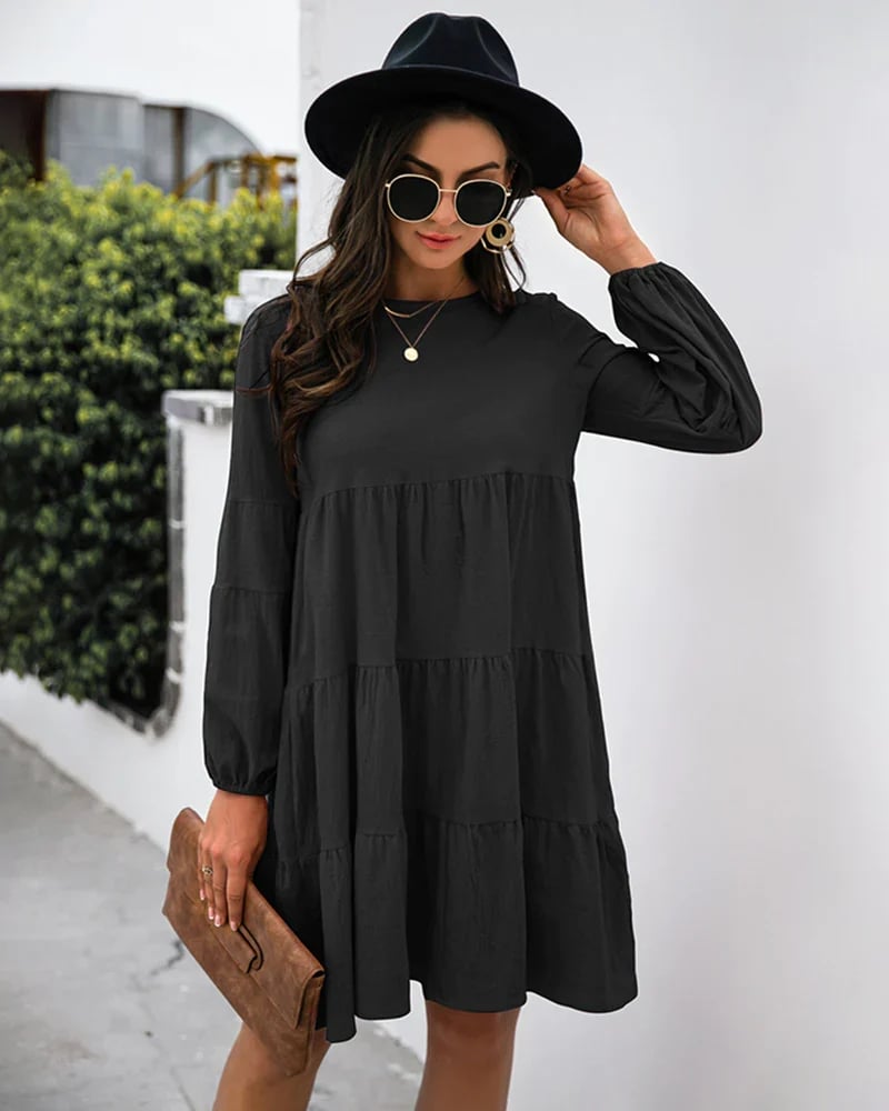 Long Puff Sleeve Shirt Dress Casual Crewneck Loose Fit Sundress Trendy Tiered Layer Summer Mini Dresses