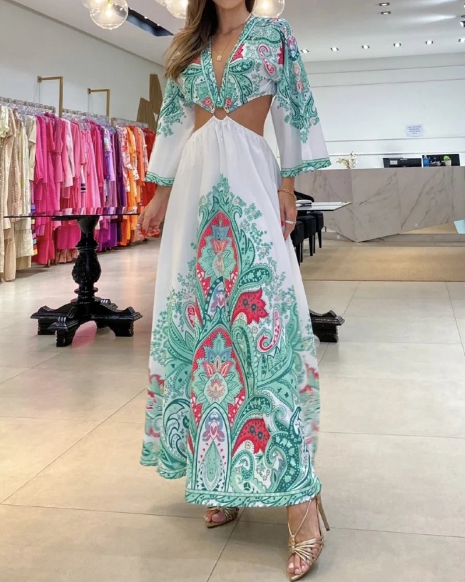 e??￥Big sale - Bohemian deep V-neck sexy backless print long dress