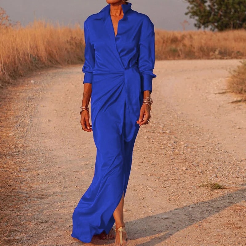 Lace Up High Waist Split Maxi Dress Long Sleeve Lapel Collar Sexy Dress