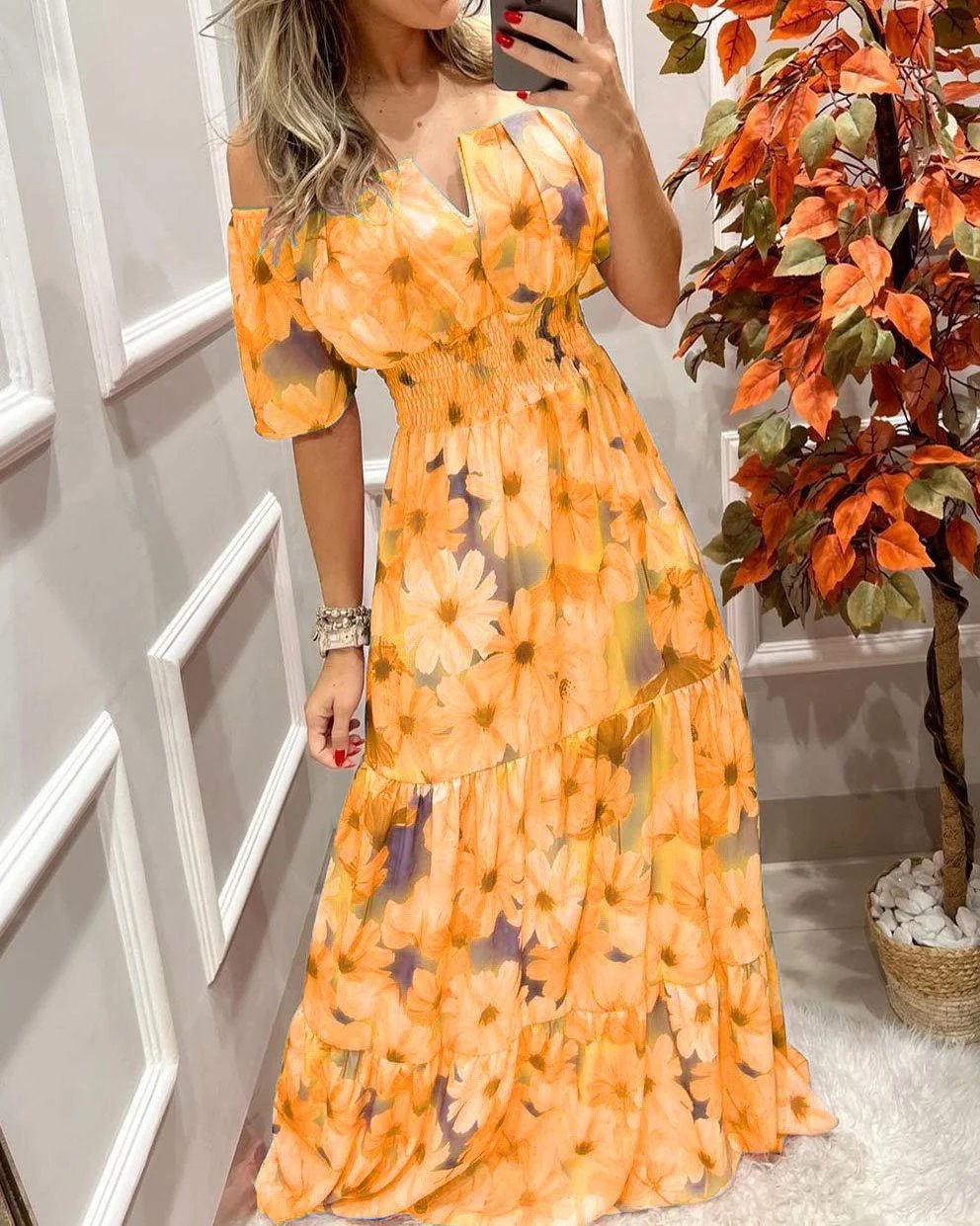 Floral Printing Elastic Waist-Length Sleeve Dress