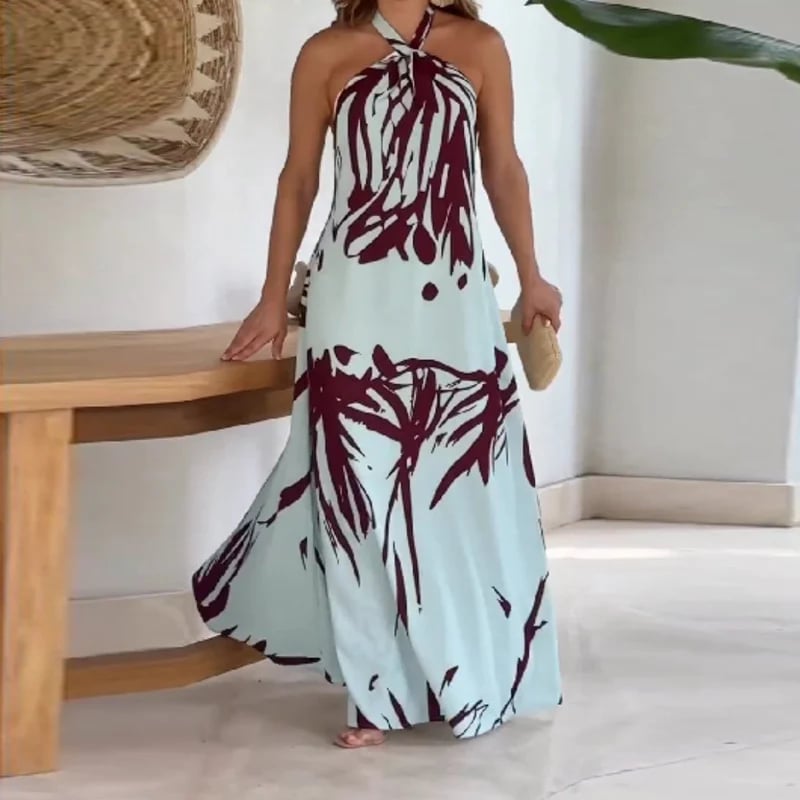 Hawaiian print lace sleeveless open-neck dress