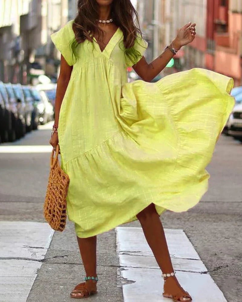 Summer Long V-Neck Boho Chic Dress Casual Holiday Beach Dress Loose Short Sleeve Dresses