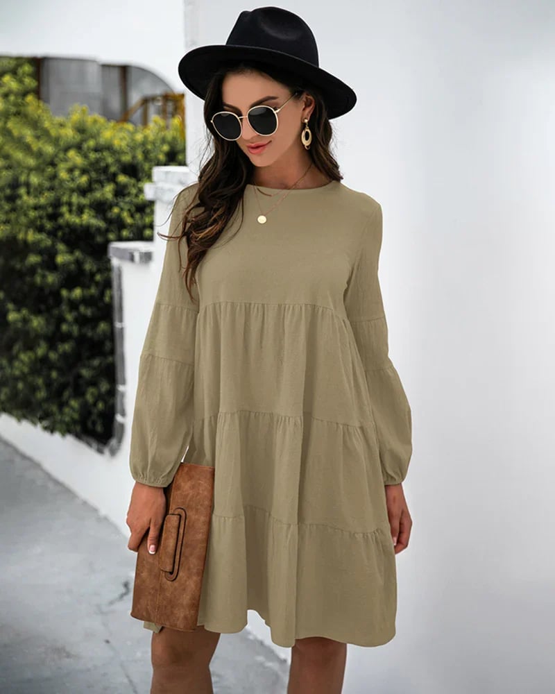 Long Puff Sleeve Shirt Dress Casual Crewneck Loose Fit Sundress Trendy Tiered Layer Summer Mini Dresses
