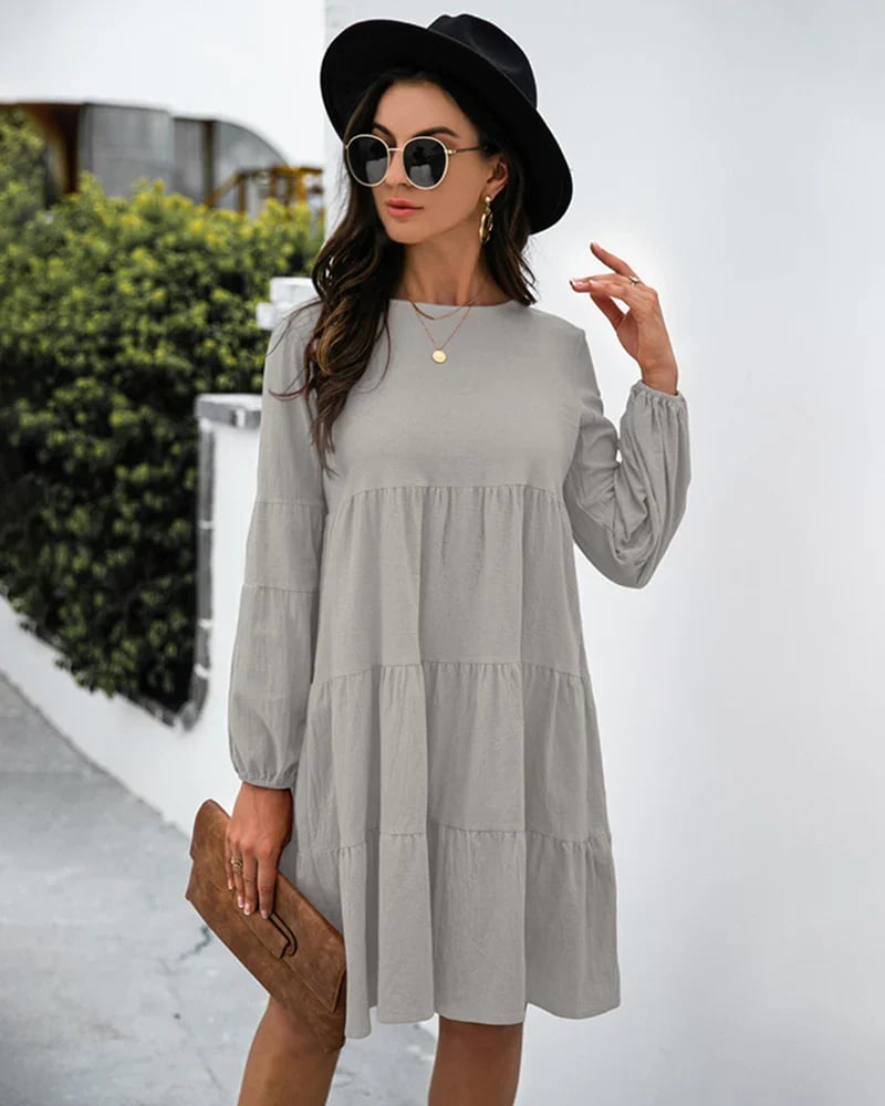 Long Puff Sleeve Shirt Dress Casual Crewneck Loose Fit Sundress Trendy Tiered Layer Summer Mini Dresses