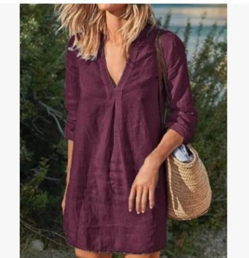 Button Down Knee Length Midi Dress V Neck Split Casual Long Sleeve Dress
