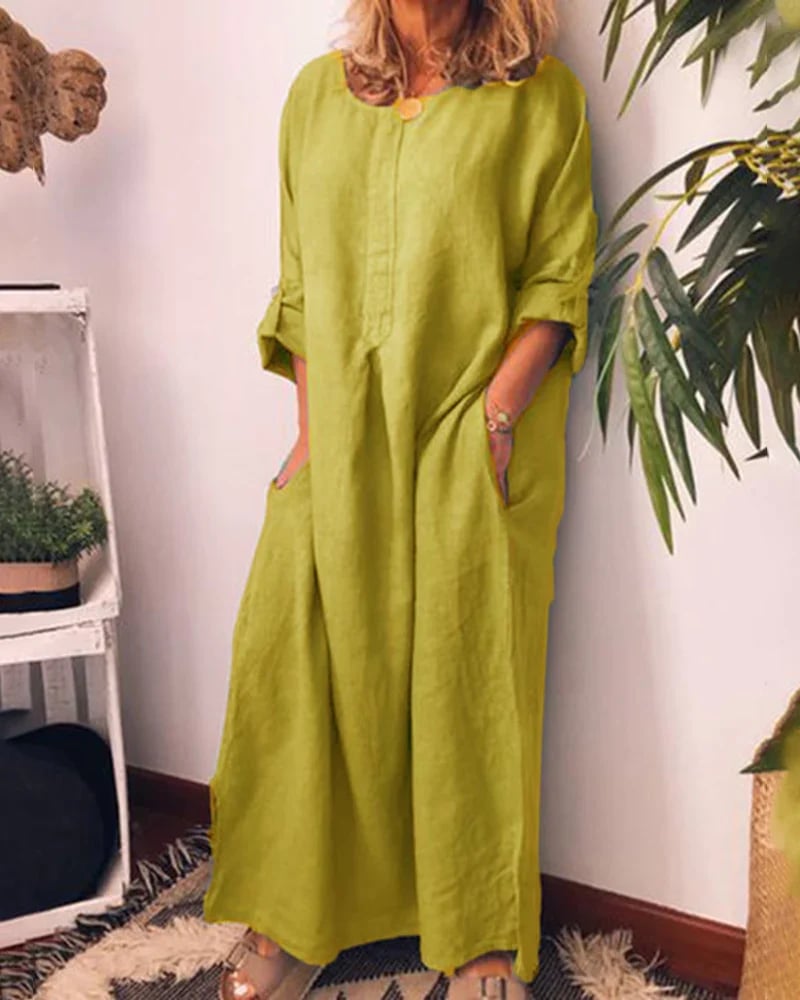 Long Sleeve Solid Color Plus Size Loose Fit Maxi Dress Round Neck Button Up Dresses with Pocket