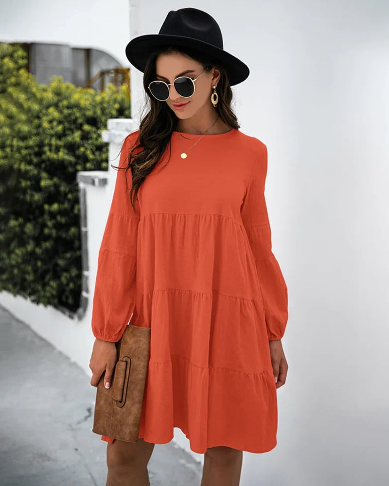 Long Puff Sleeve Shirt Dress Casual Crewneck Loose Fit Sundress Trendy Tiered Layer Summer Mini Dresses