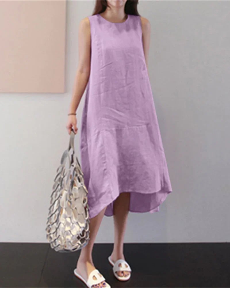 Round Neck Sleeveless Loose Solid Color Long Swing Dress