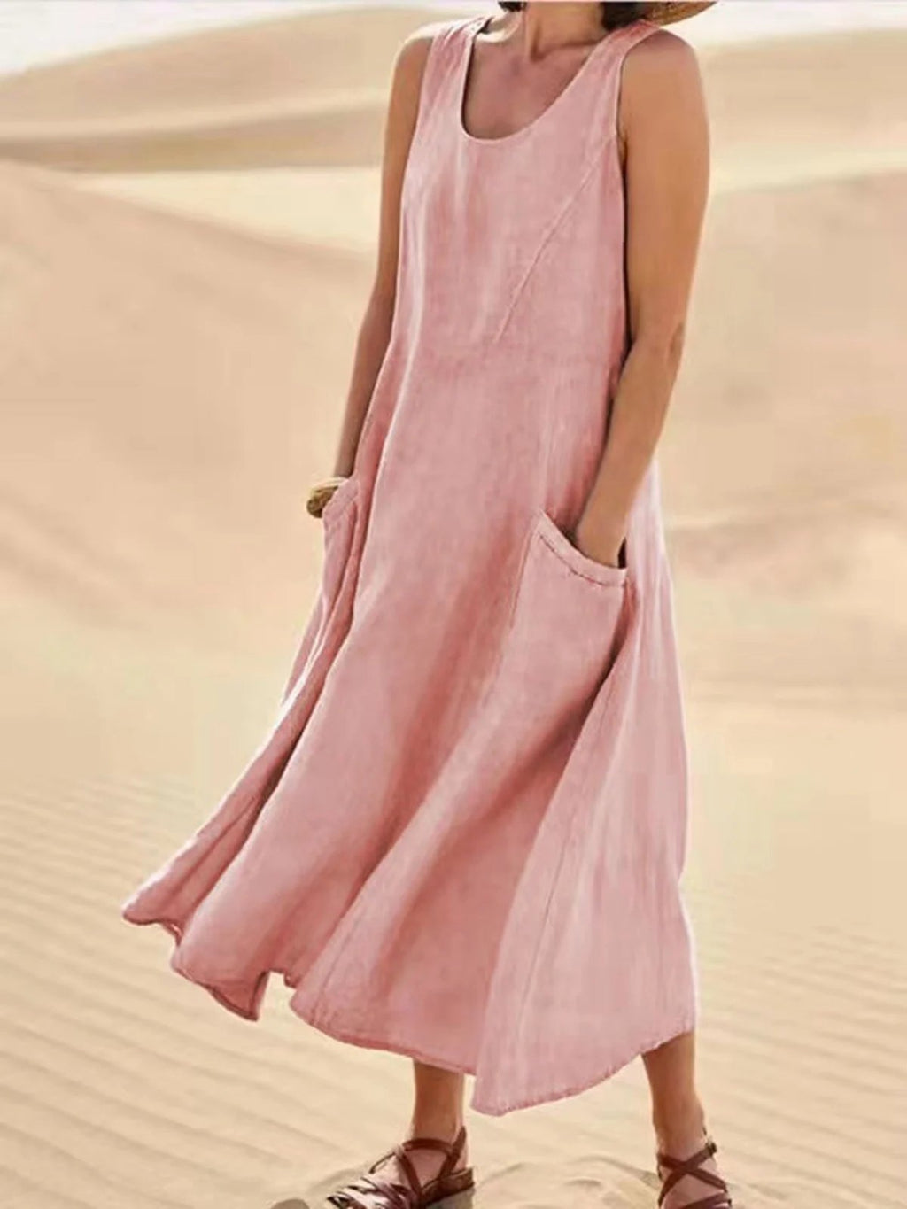 Casual Solid Dress Sleeveless Sun Dresses with Pocket