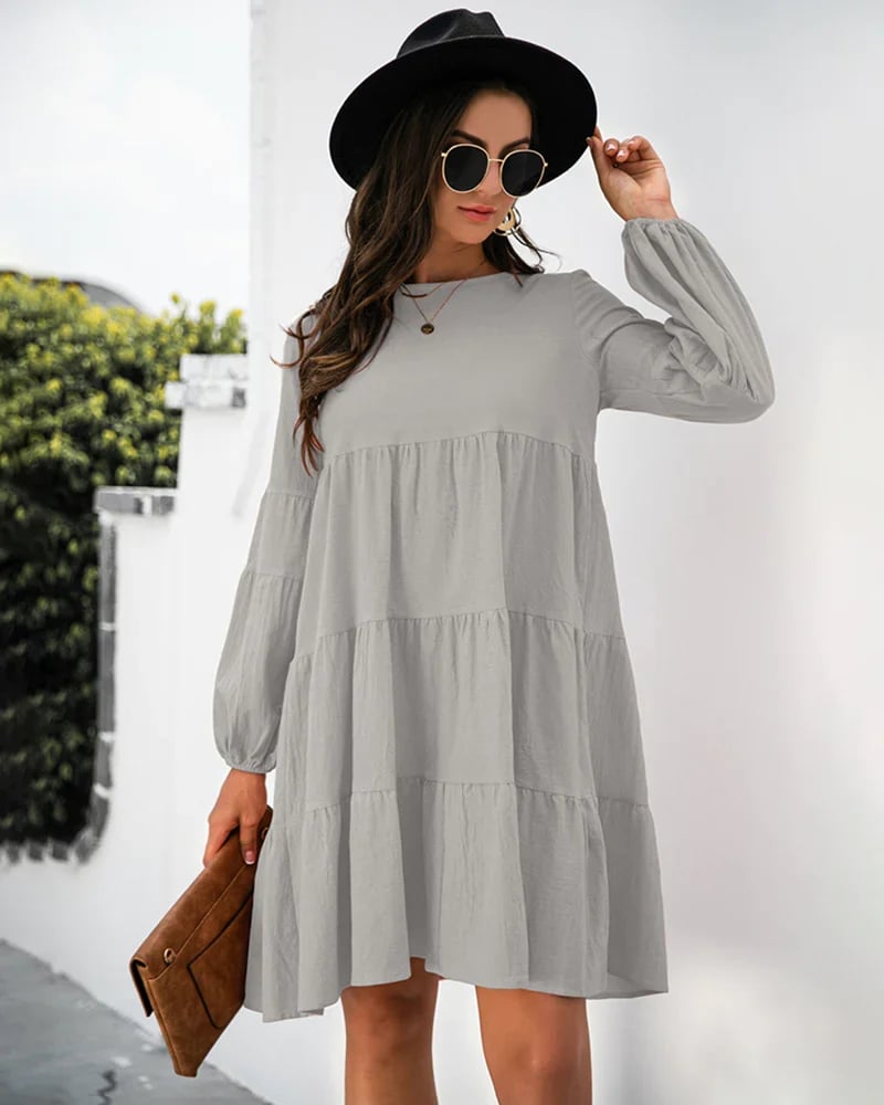 Long Puff Sleeve Shirt Dress Casual Crewneck Loose Fit Sundress Trendy Tiered Layer Summer Mini Dresses