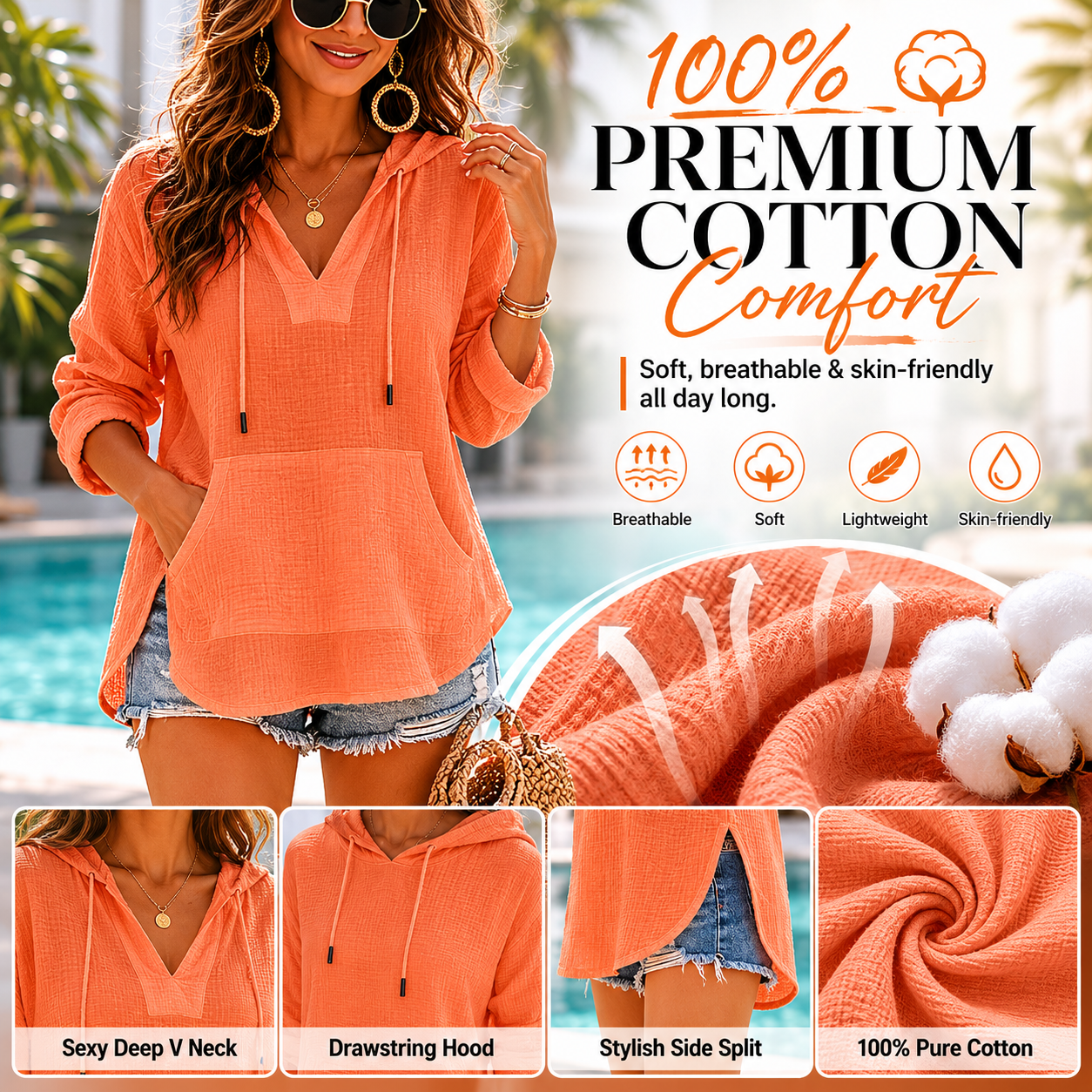 Women's V-Neck Beach Cover-Up Hoodie e??????e???