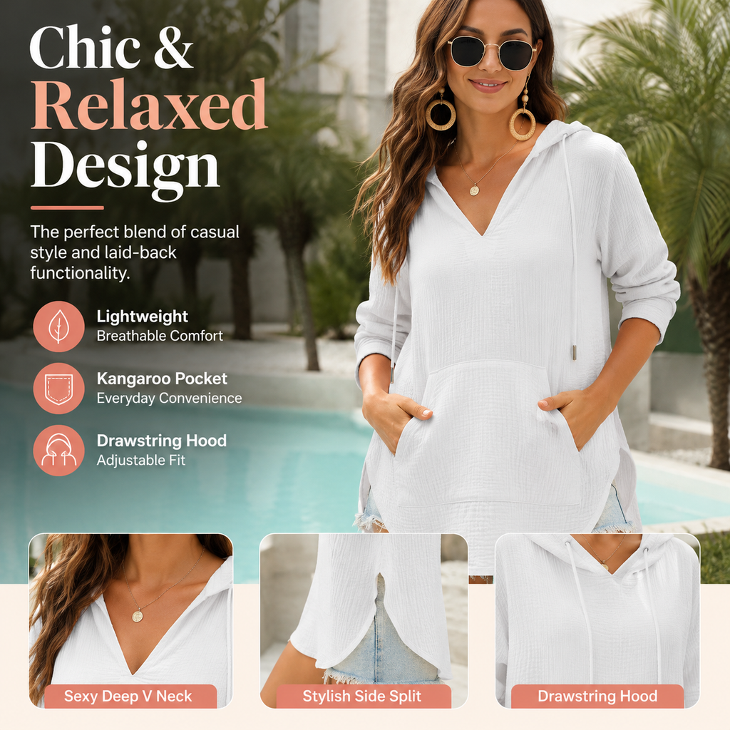 Women's V-Neck Beach Cover-Up Hoodie e??????e???