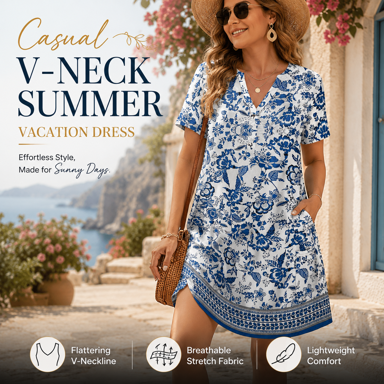 Casual V-Neck Summer Vacation Dress e???a?¨
