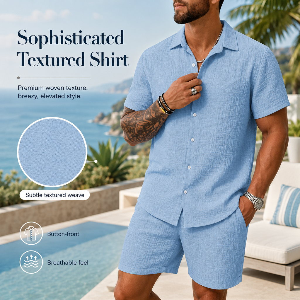 Men's Solid Textured Shirt & Shorts 2-Piece Set ☀️🌴