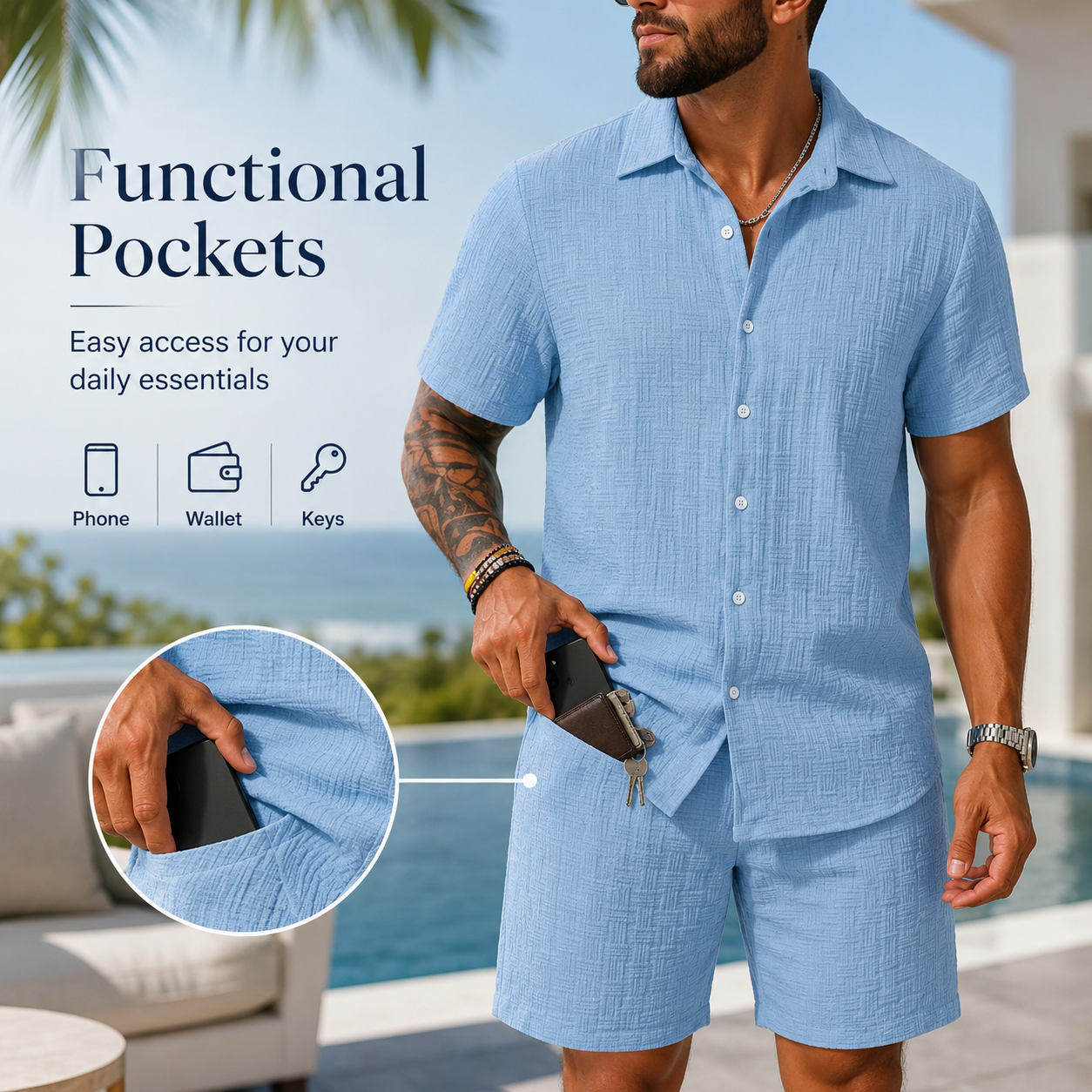 Men's Solid Textured Shirt & Shorts 2-Piece Set ☀️🌴