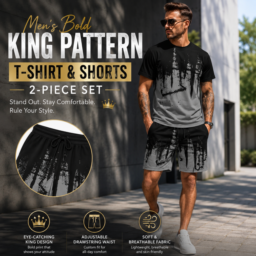 Men's Bold King Pattern T-Shirt & Shorts 2-Piece Set 👑☀️