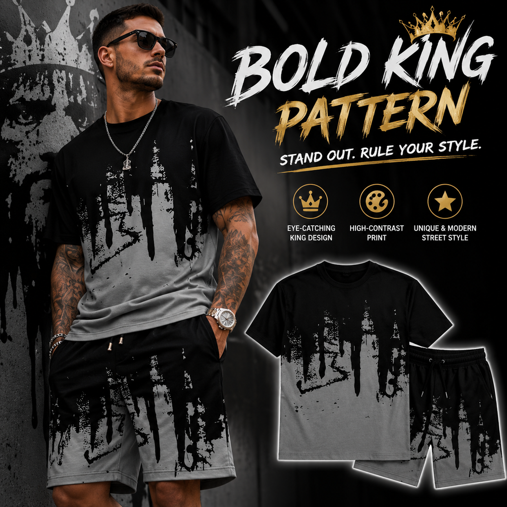 Men's Bold King Pattern T-Shirt & Shorts 2-Piece Set 👑☀️