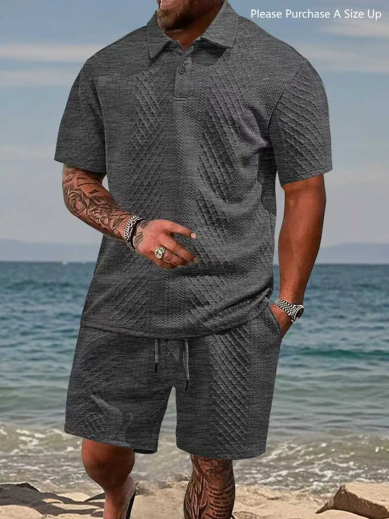 Men's Solid Polo Shirt & Drawstring Shorts Two-Piece Set